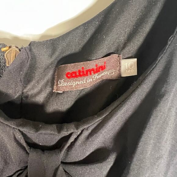 Catimini Kids Girl's Black Bow Colorful Feather Print Dress 10 Sleeveless - Picture 7 of 8